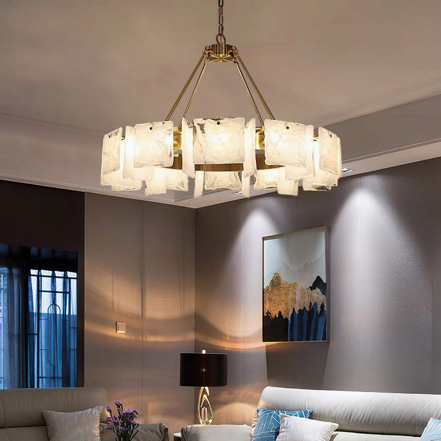 Close-up view of Alsona chandelier frame construction demonstrating brushed copper finish and geometric metal architecture