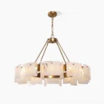 Alsona modern brass chandelier with textured art glass shades, front view showing luxury copper finish and geometric frame design