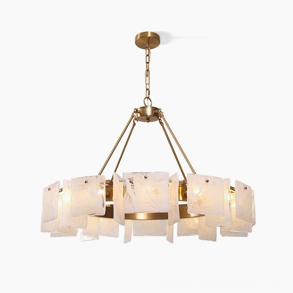 Alsona modern brass chandelier with textured art glass shades, front view showing luxury copper finish and geometric frame design