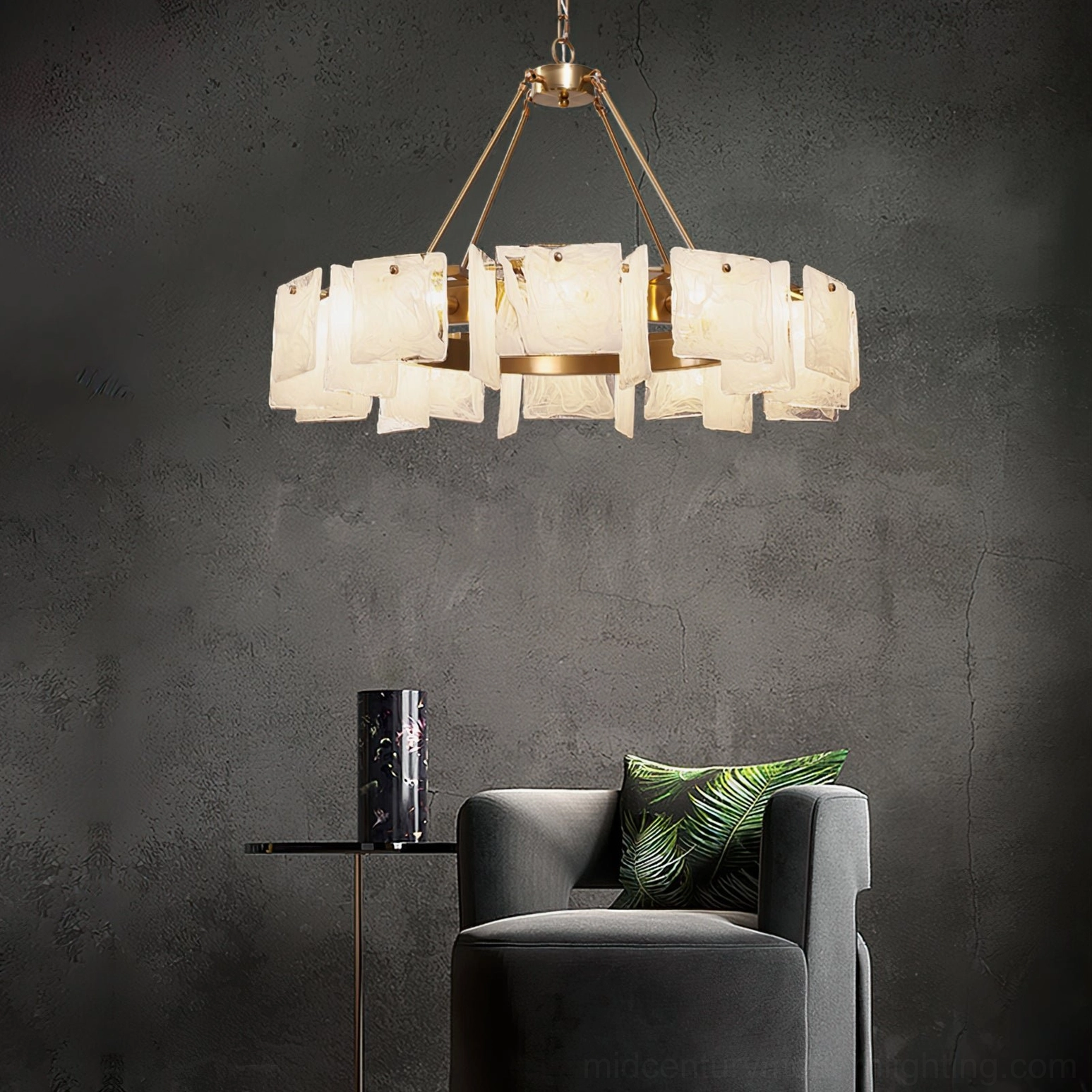 Alsona chandelier with all G9 bulbs illuminated, showcasing full light output and warm ambiance from copper fixture