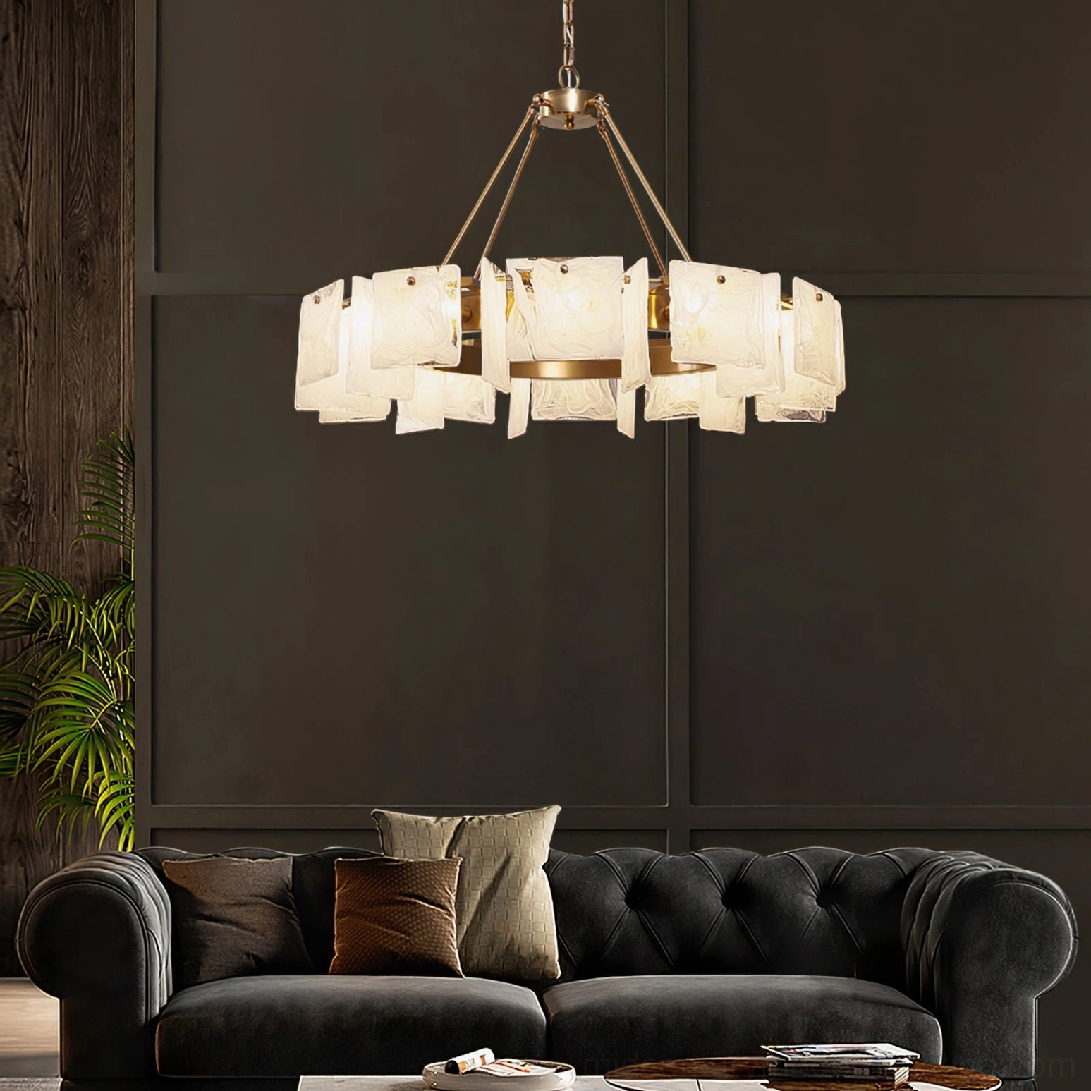 Detailed view of Alsona chandelier showing how opaque glass diffusers scatter light and create soft atmospheric glow