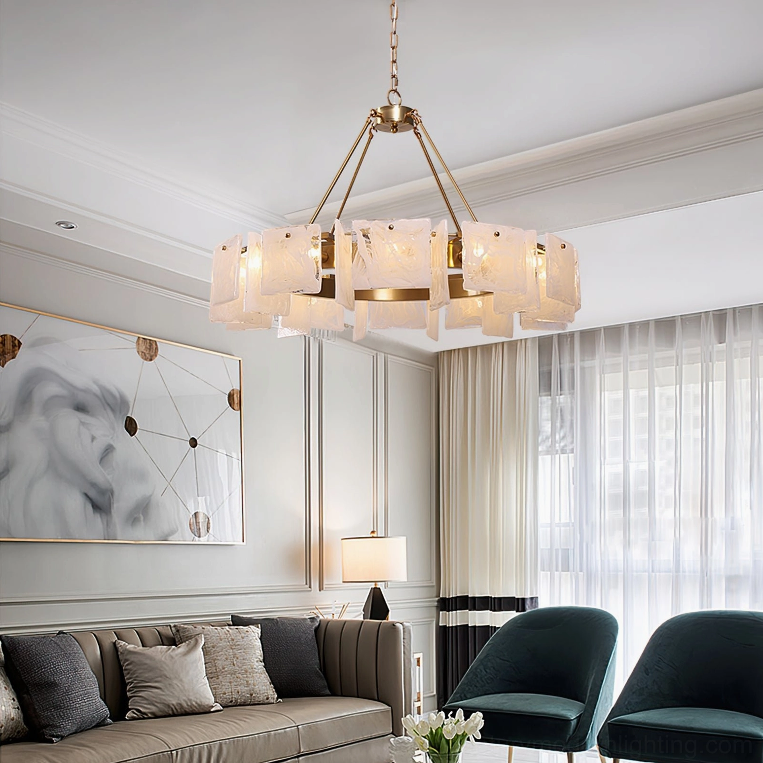 Wide room overhead view of Alsona modern chandelier installed above brown sofa in luxury living room with elegant home decor