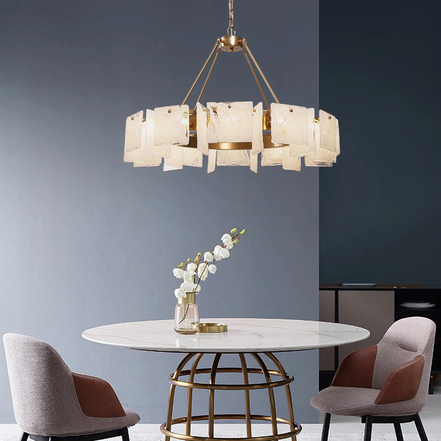 Wide overhead view of Alsona chandelier installed in modern dining area, showing how luxury fixture complements contemporary dining space