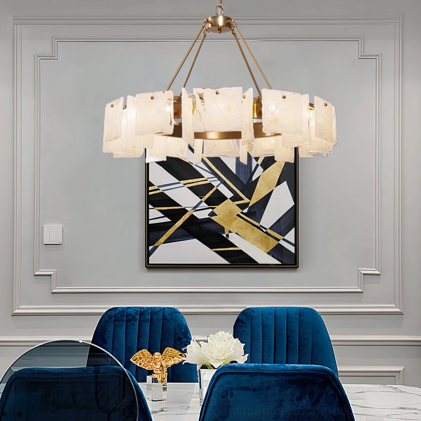 Side profile of Alsona modern brass chandelier showing layered glass shade arrangement and proportional depth