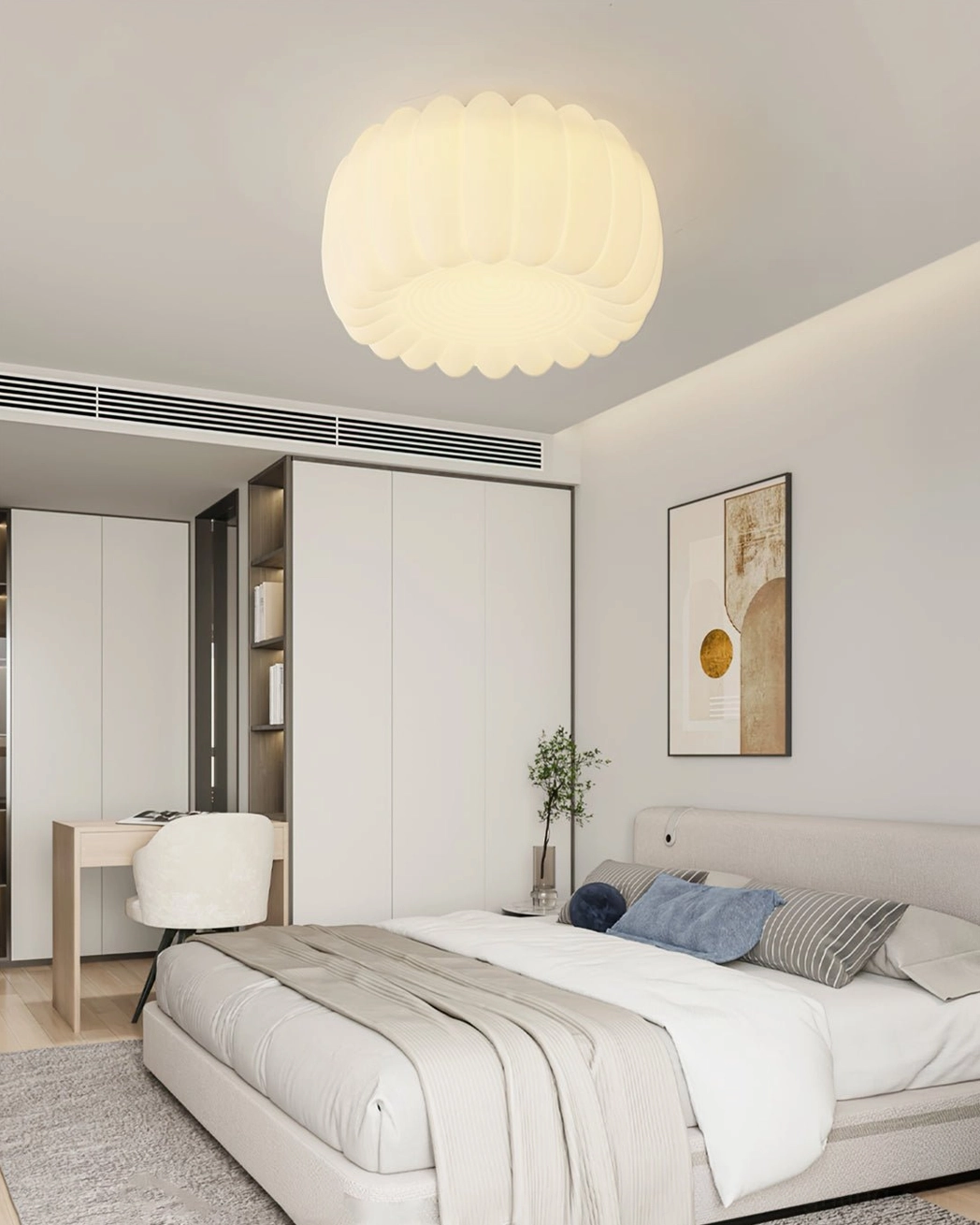 Alta flush mount lamp in modern apartment bedroom with built-in wardrobe and sleek design