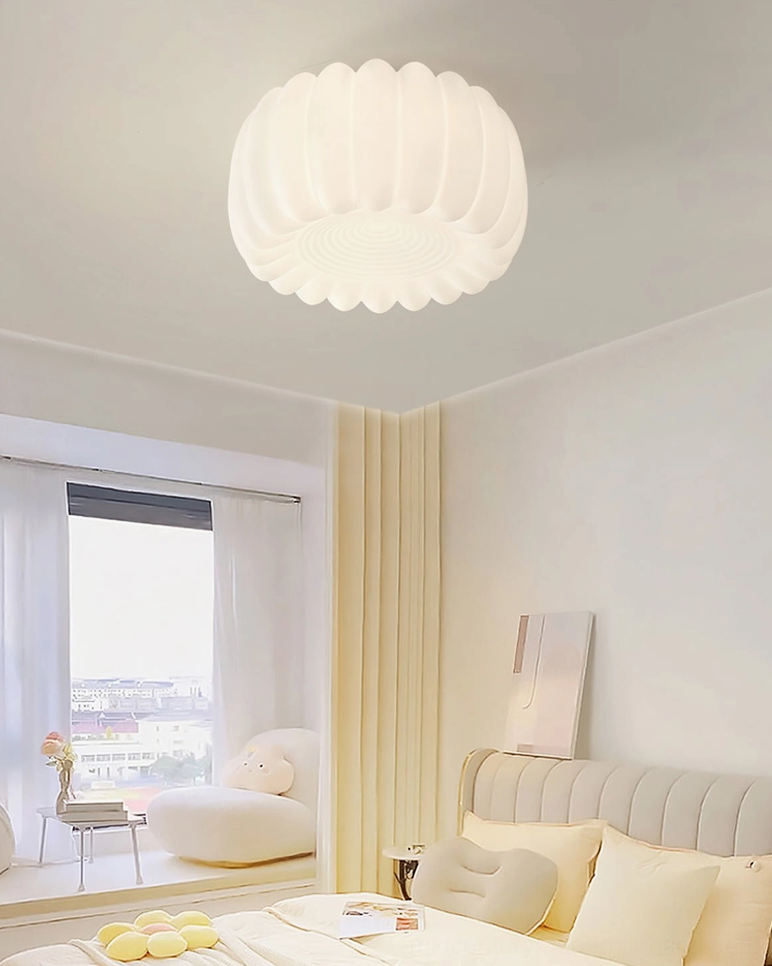 Alta flush mount pumpkin ceiling lamp installed in contemporary home showing ambient glow