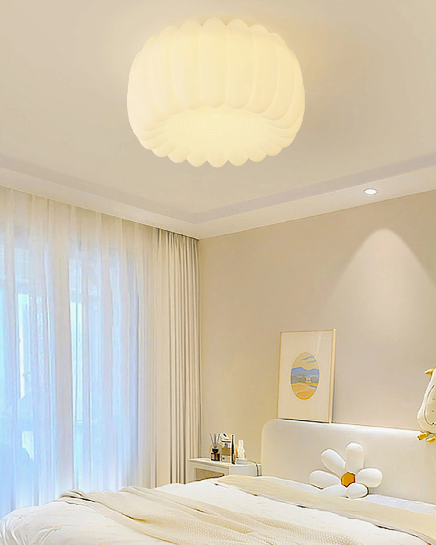 Alta ceiling light fixture in minimalist bedroom with cream and warm tones Nordic style