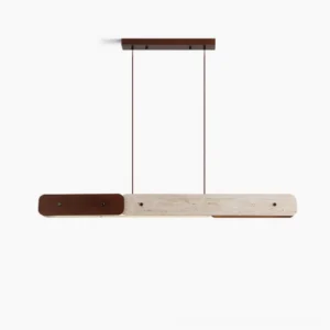 Aluet linear pendant chandelier overhead studio view showing travertine stone and walnut wood minimalist design