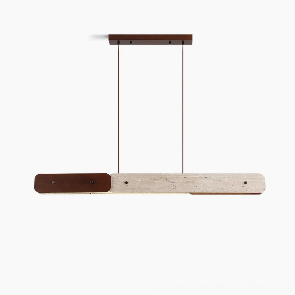 Aluet linear pendant chandelier overhead studio view showing travertine stone and walnut wood minimalist design