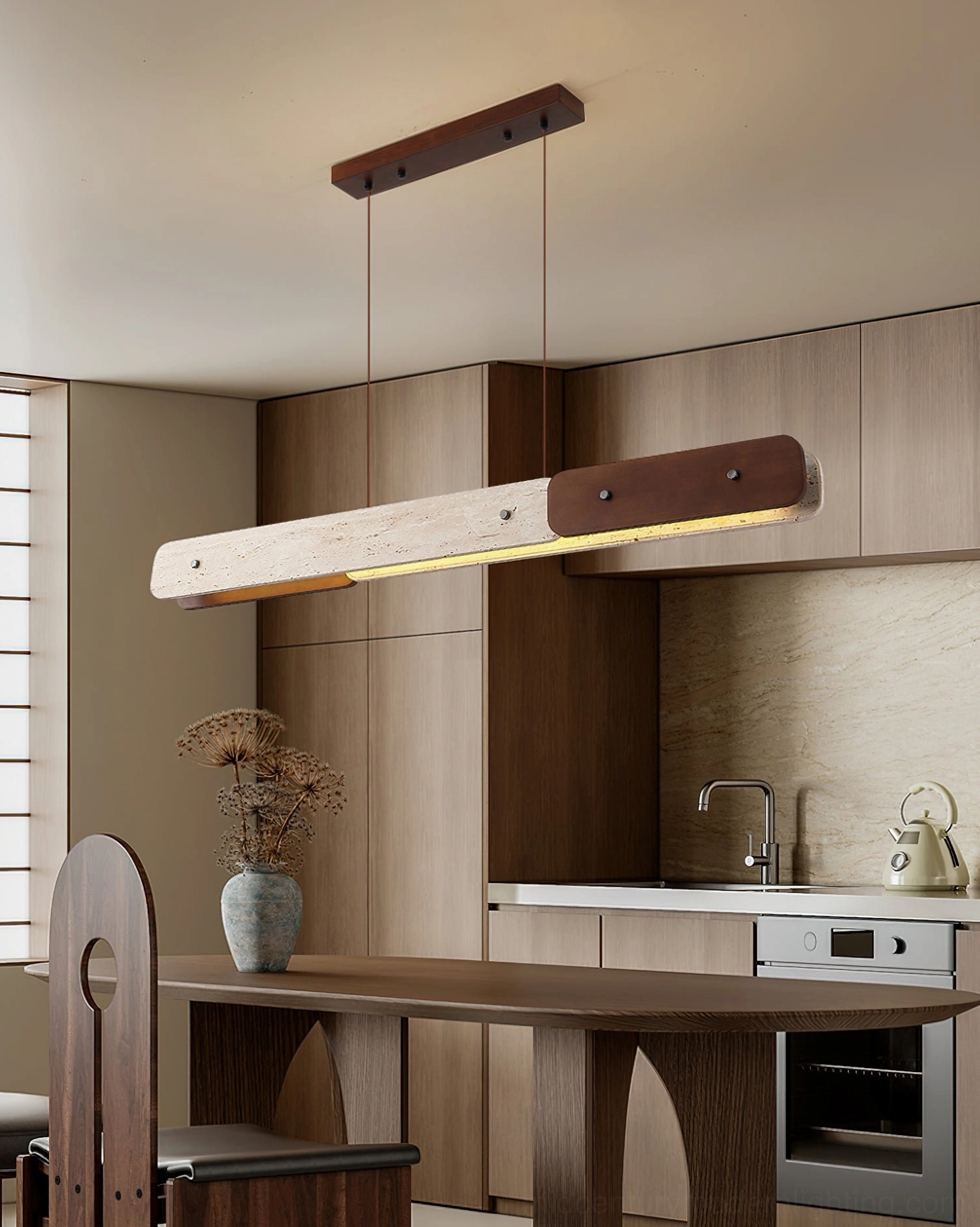 Aluet linear pendant chandelier installed in modern kitchen dining interior with warm neutral decor