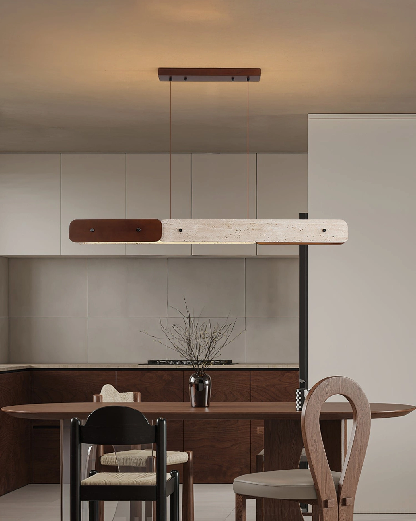 Aluet linear pendant light fixture in open-concept contemporary kitchen with warm neutral tones