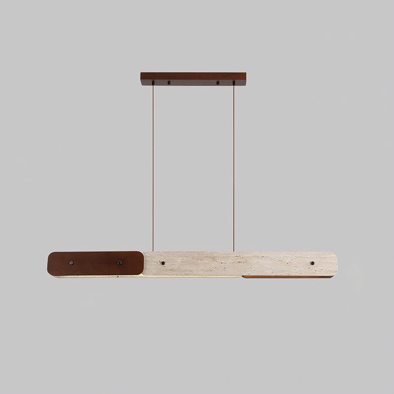 Aluet linear pendant chandelier flat overhead studio photograph with walnut wood and beige travertine