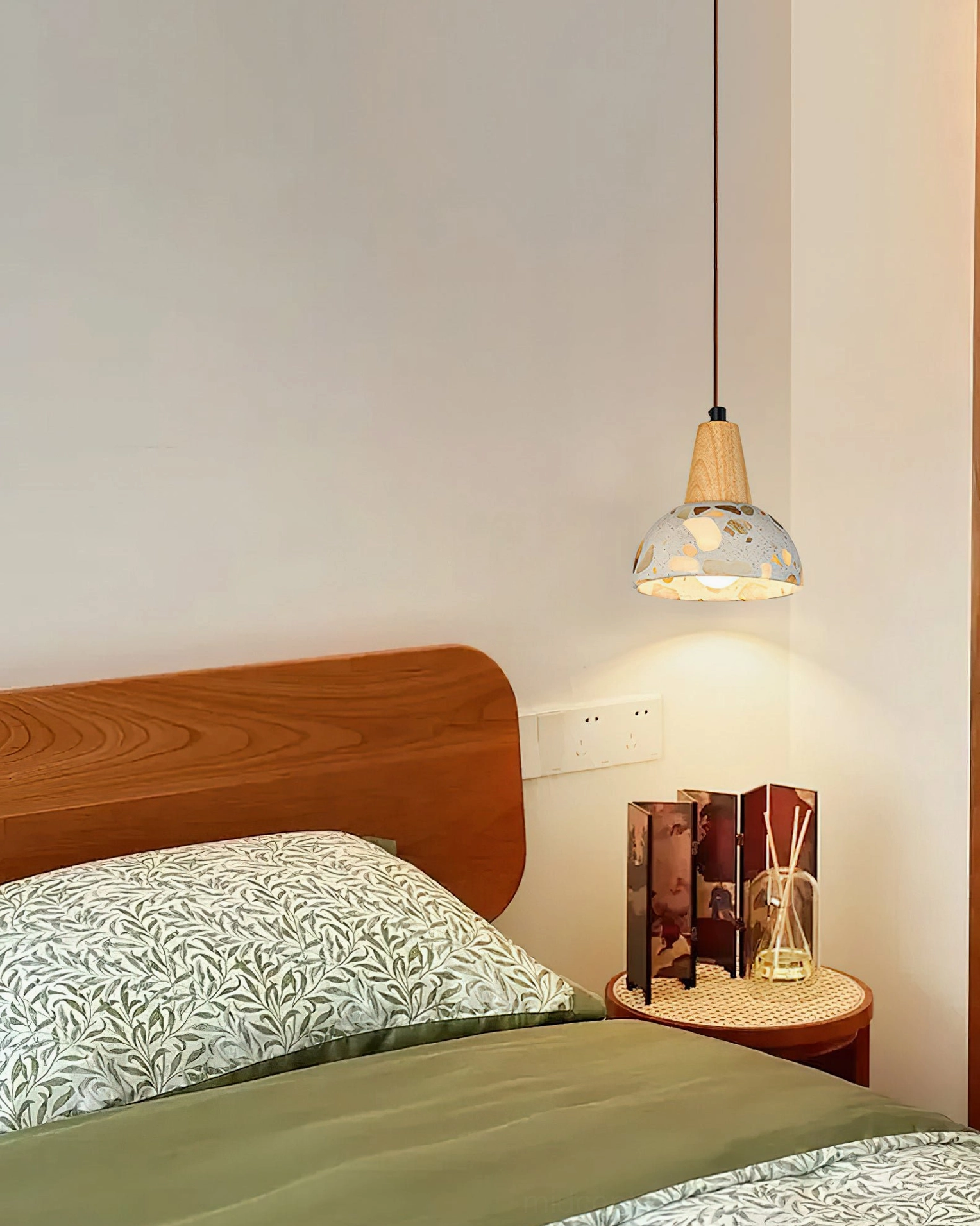 Clear glass Alvaro shade with dark brown wood top fixture in minimal bedroom design