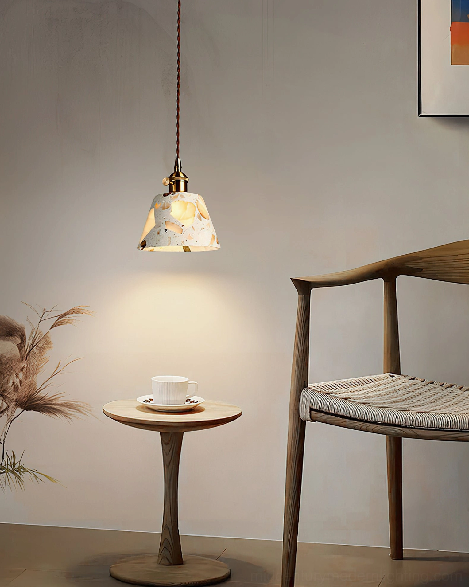 Alvaro stone pendant lamp with beige finish hardware in mid-century modern interior context