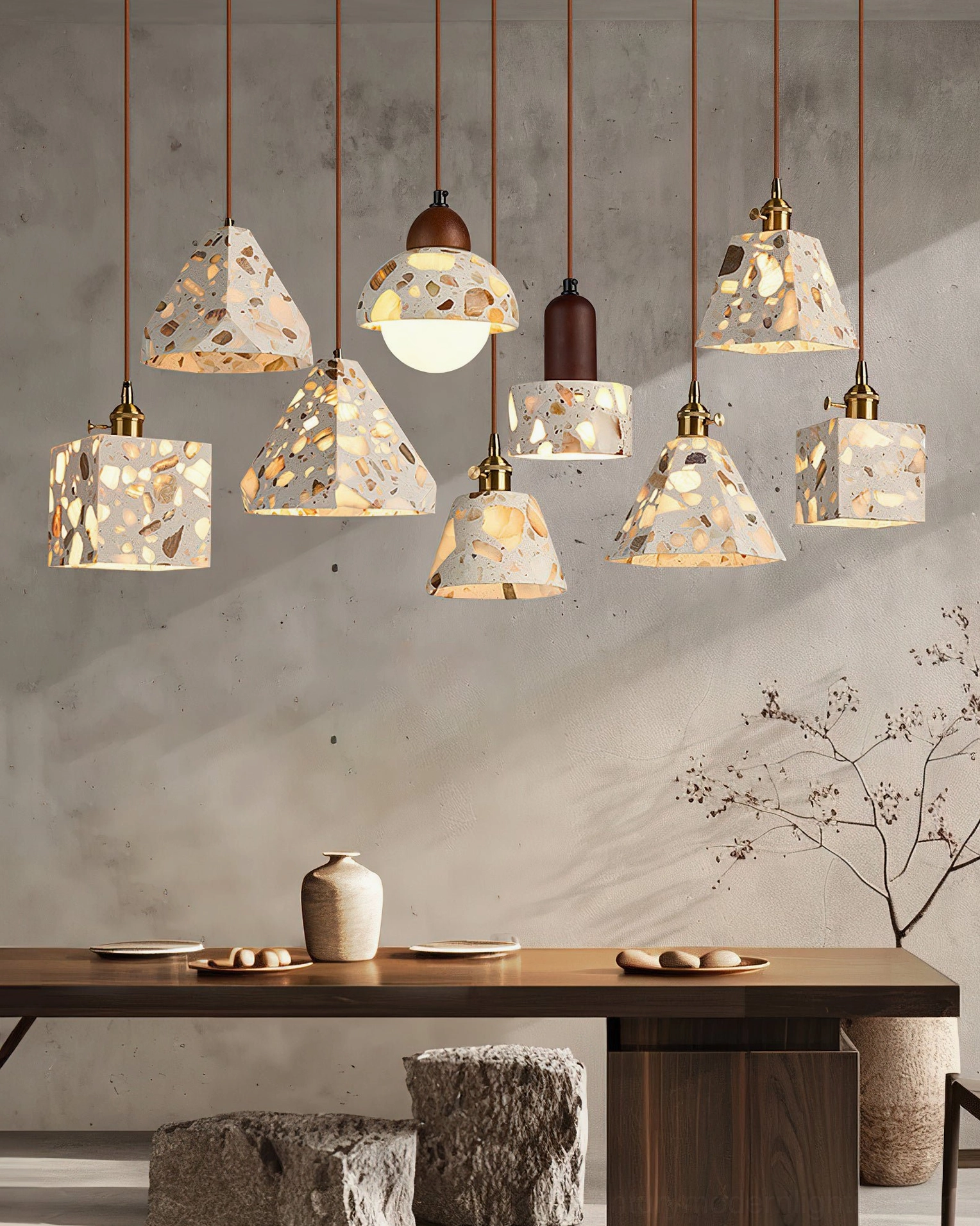 Multiple Alvaro pendant lights clustered in modern dining room with wabi-sabi interior design aesthetic