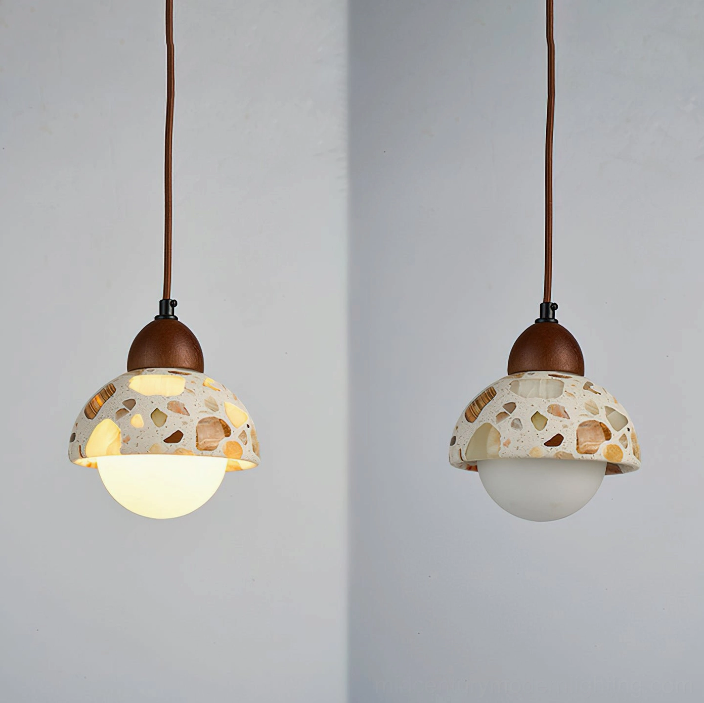 Alvaro translucent stone pendant showing E26 socket compatibility and warm light warmth