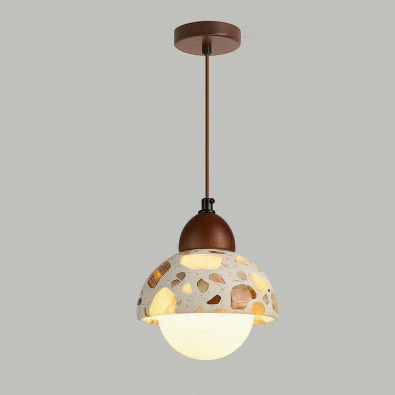 Alvaro pendant light Model A showcasing compact terrazzo shade and wood metal hardware