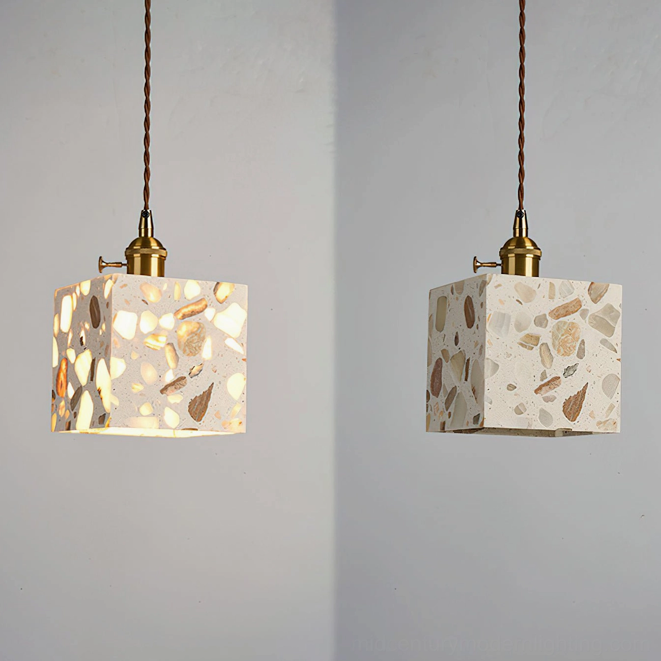 Alvaro pendant model showcase featuring compact terrazzo stone shade with metal canopy