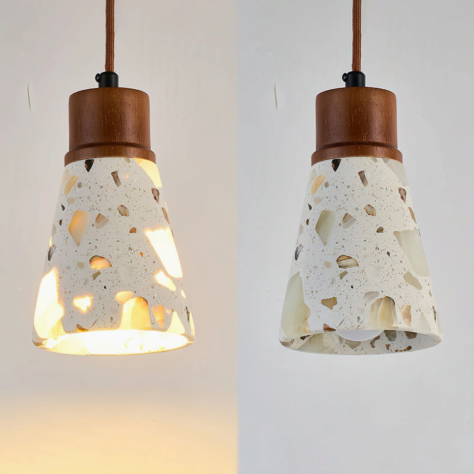 Alvaro terrazzo stone pendant shade detail showing natural stone fragments and luminous quality