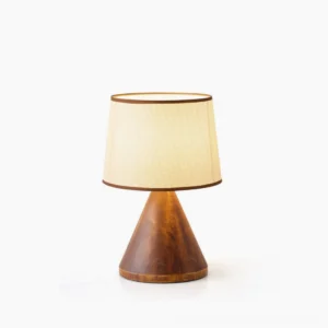 Amalia mid-century modern wooden table lamp with conical linen shade on white background, warm walnut wood base