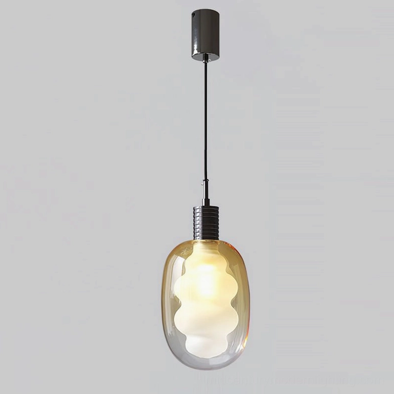 Amber and black pendant light option, warm gradient glass with dark metal fixture, studio view