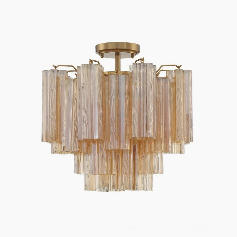 Amber brown ribbed Murano glass tubular chandelier with brass frame, mid-century modern ceiling fixture