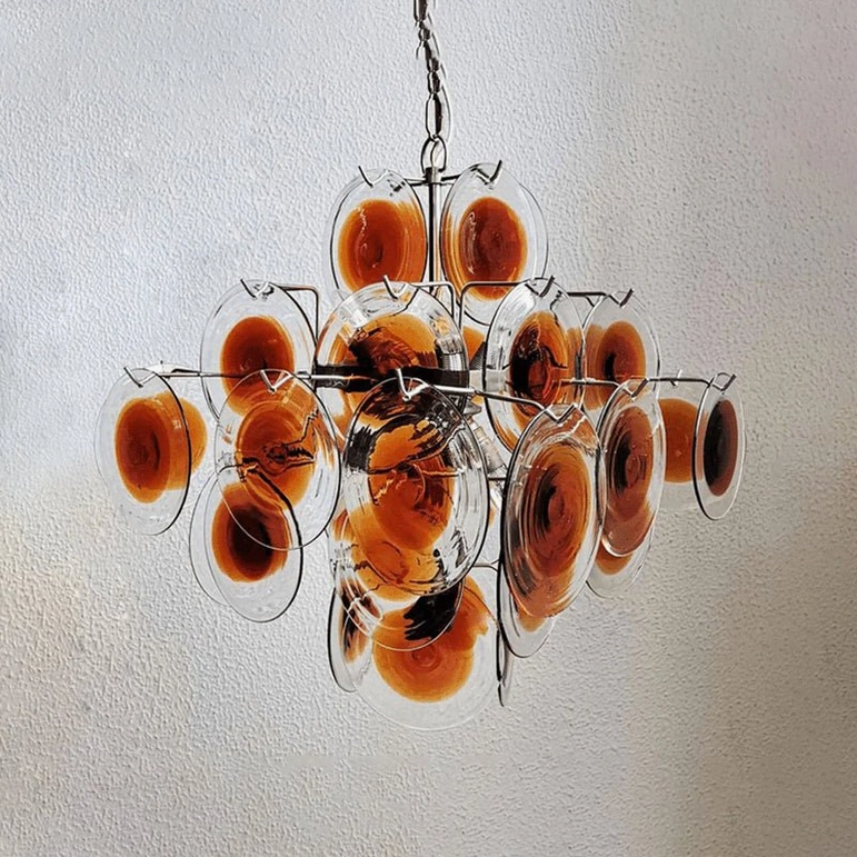 Complete mid-century modern amber glass disc chandelier with polished nickel frame artistic studio lighting