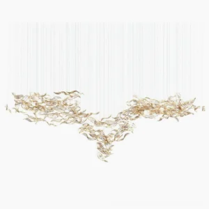 Amber glass fluttering leaves chandelier front view with gold metal frame and suspension wires