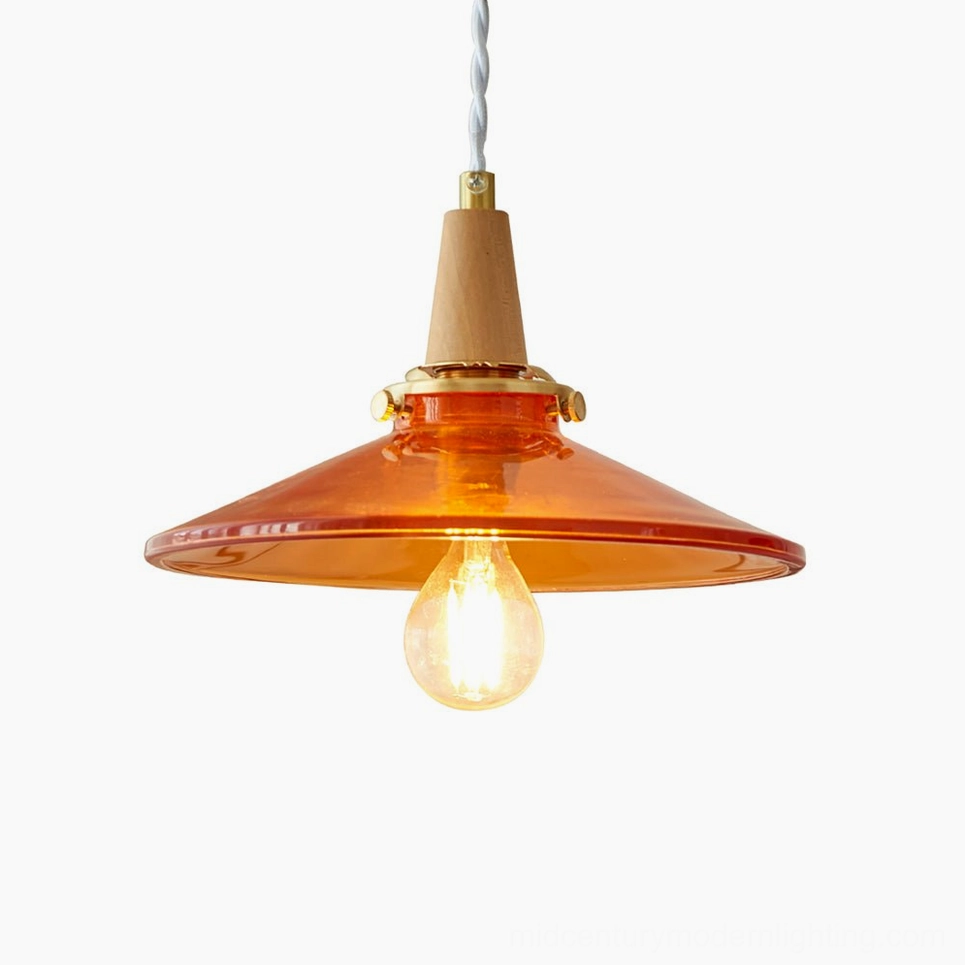 Complete amber glass pendant light assembly showing 20cm diameter disc shade, wood and brass fixtures, and suspension cord
