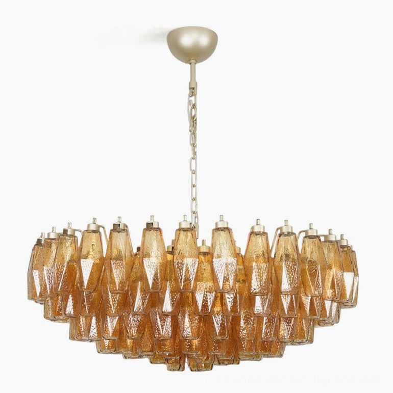 Amber and gold Murano rhombus chandelier - mid-century modern hand-blown glass lighting fixture