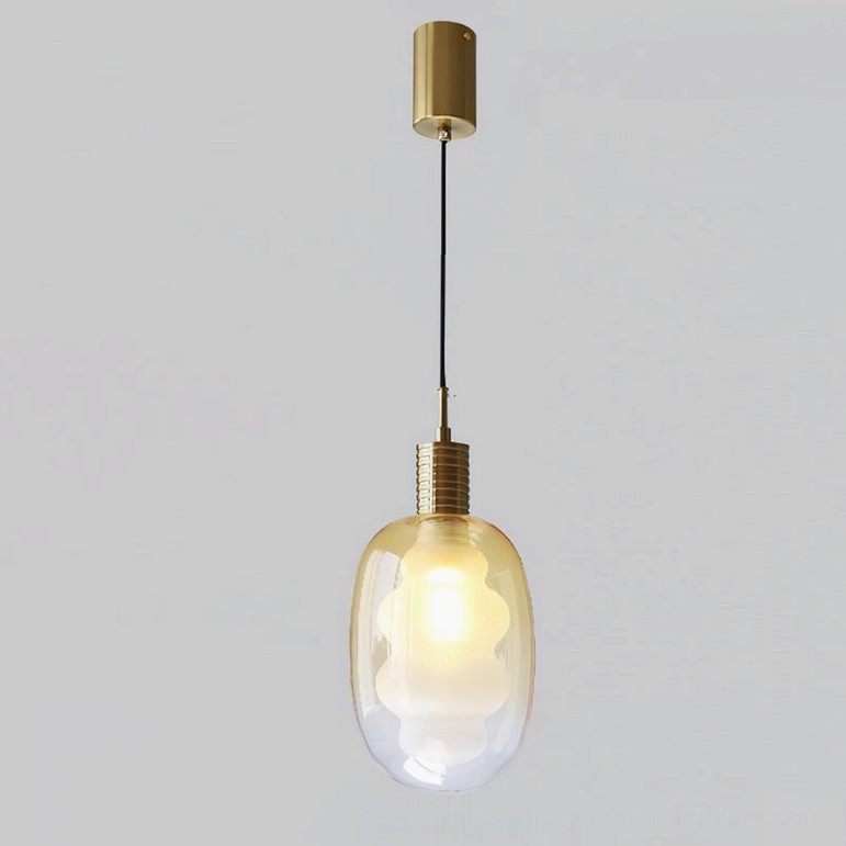 Amber and gold pendant light variant, warm gradient glass with brass metal fixture, studio view