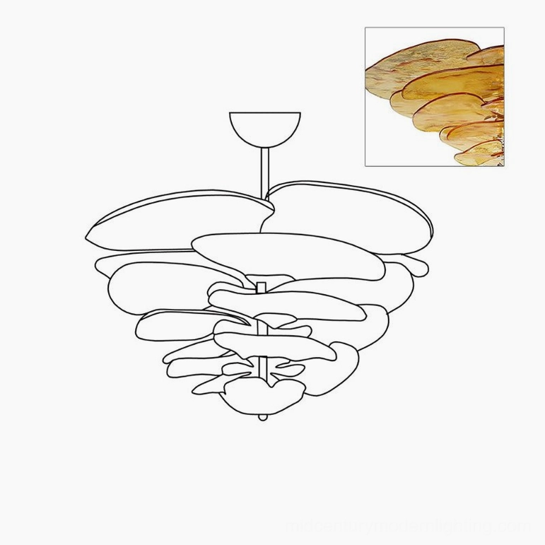 Amber hand-blown Murano lotus chandelier with tiered glass petal structure and sculptural presence