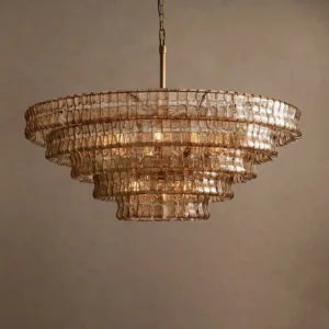 Close-up detail of amber ice-textured glass tiles on tiered chandelier, showing light refraction and artisanal craftsmanship