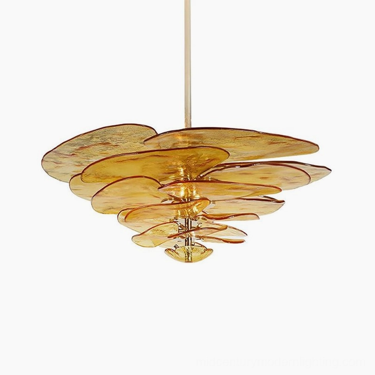 Amber-colored lotus leaf Murano chandelier showing warm light effects through textured glass