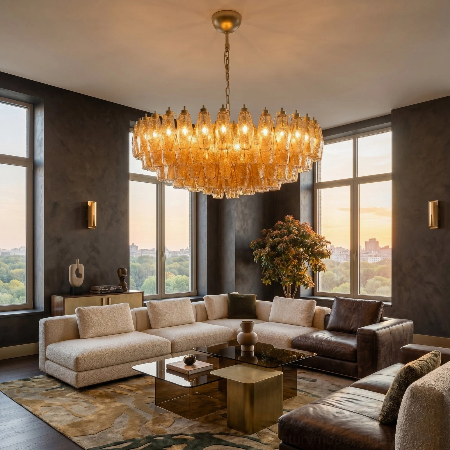 Hand-blown glass rhombus chandelier in sophisticated dual-tone apartment lounge with mixed fabrics and large windows