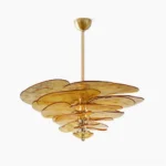 Amber hand-blown lotus leaf Murano glass chandelier front view with brass hardware and textured glass petals