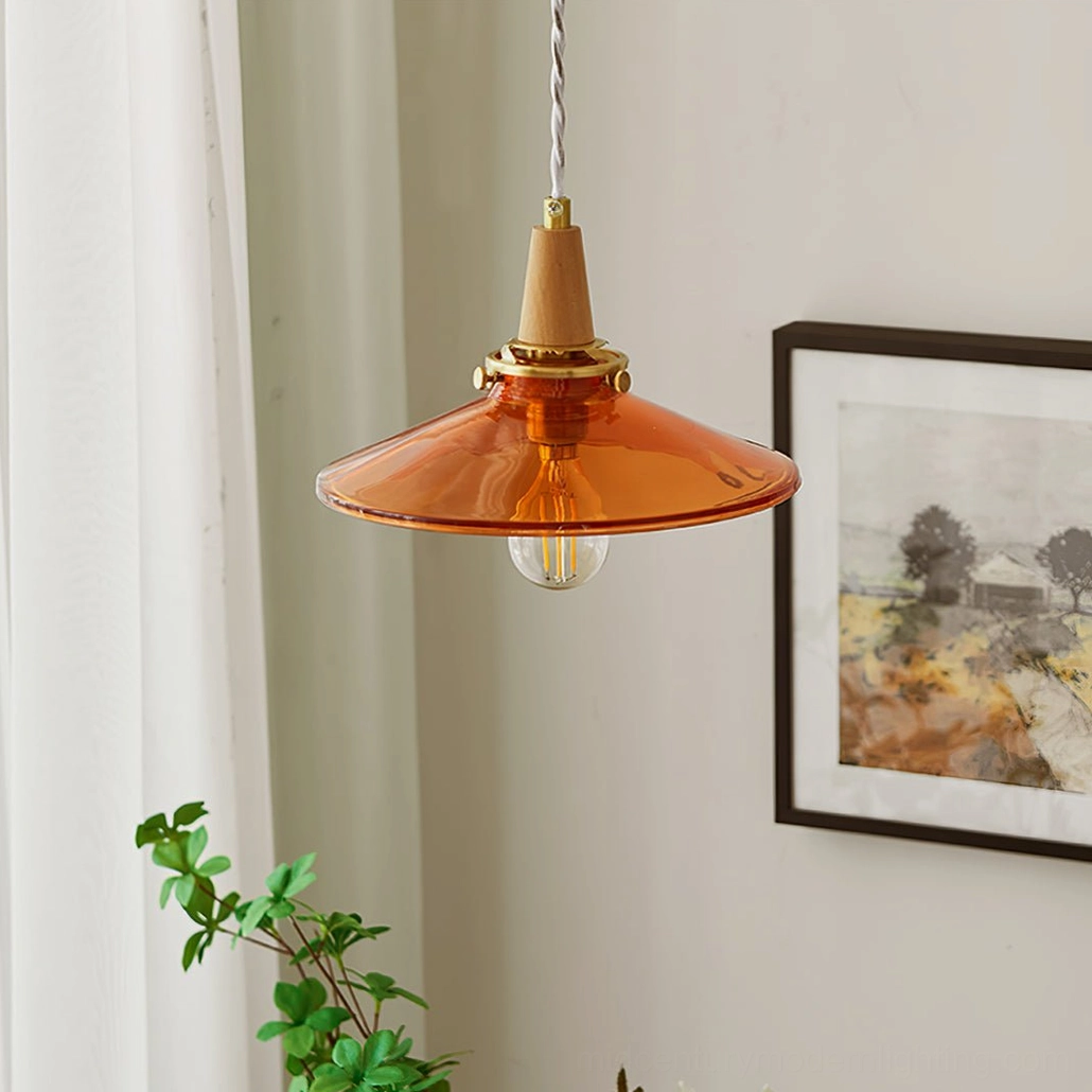 Amber glass pendant lamp mounted in warm minimalist interior with framed landscape art and green foliage decor