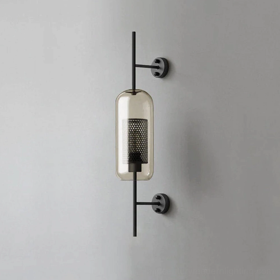 Contemporary glass wall lamp with amber shade and black metal hardware finish