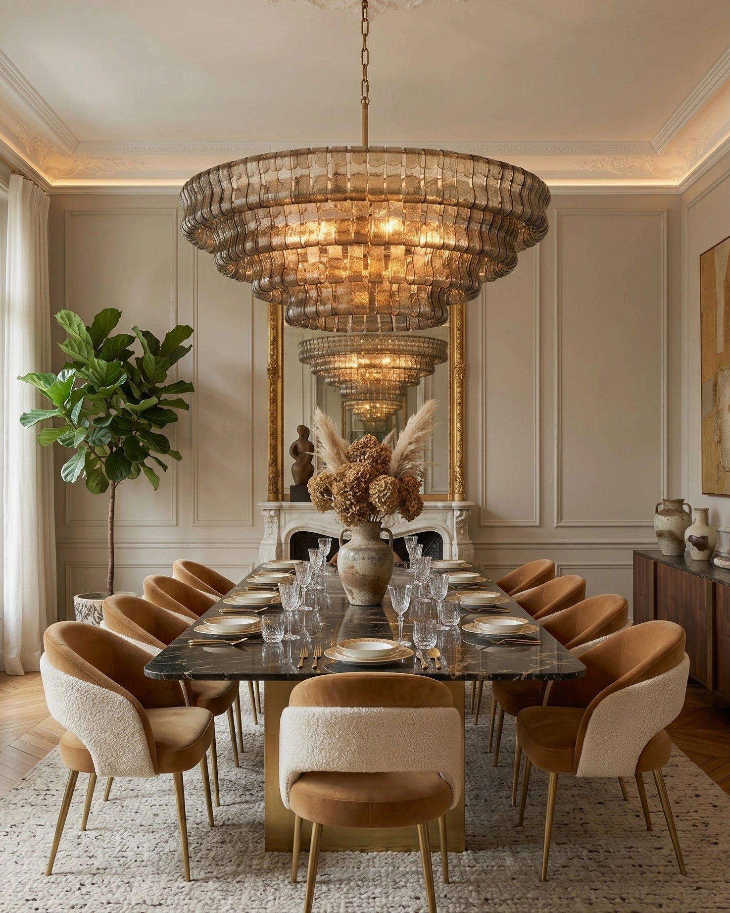 Grand tiered chandelier with amber glass in neoclassical formal dining space, elegant warm neutral luxury decor scheme