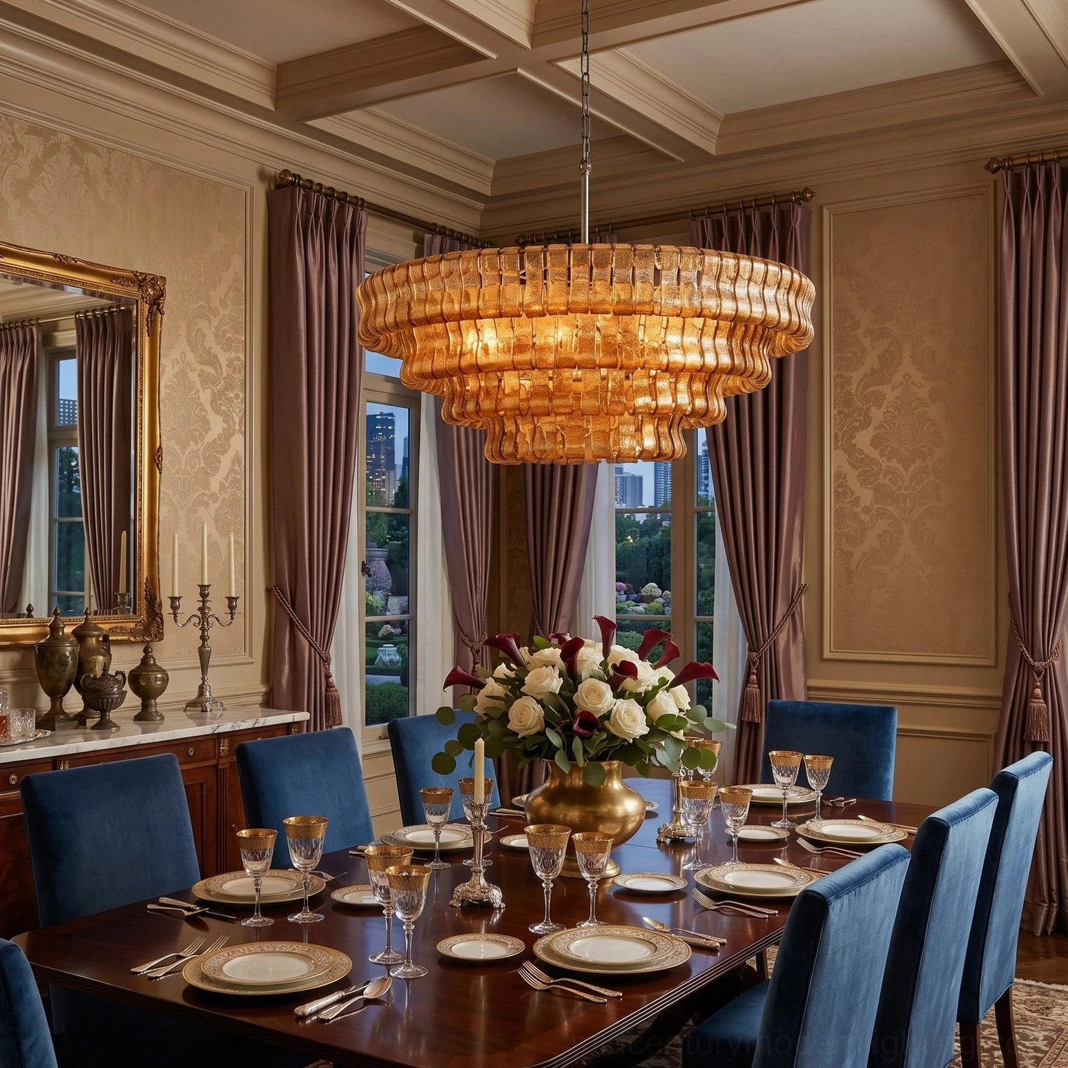 Amber ice-textured tiered chandelier glowing above dark wood dining table, creating warm ambient light in traditional luxury interior