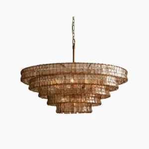 Amber tiered round chandelier with ice-textured glass and brass hardware, overhead front view on neutral background