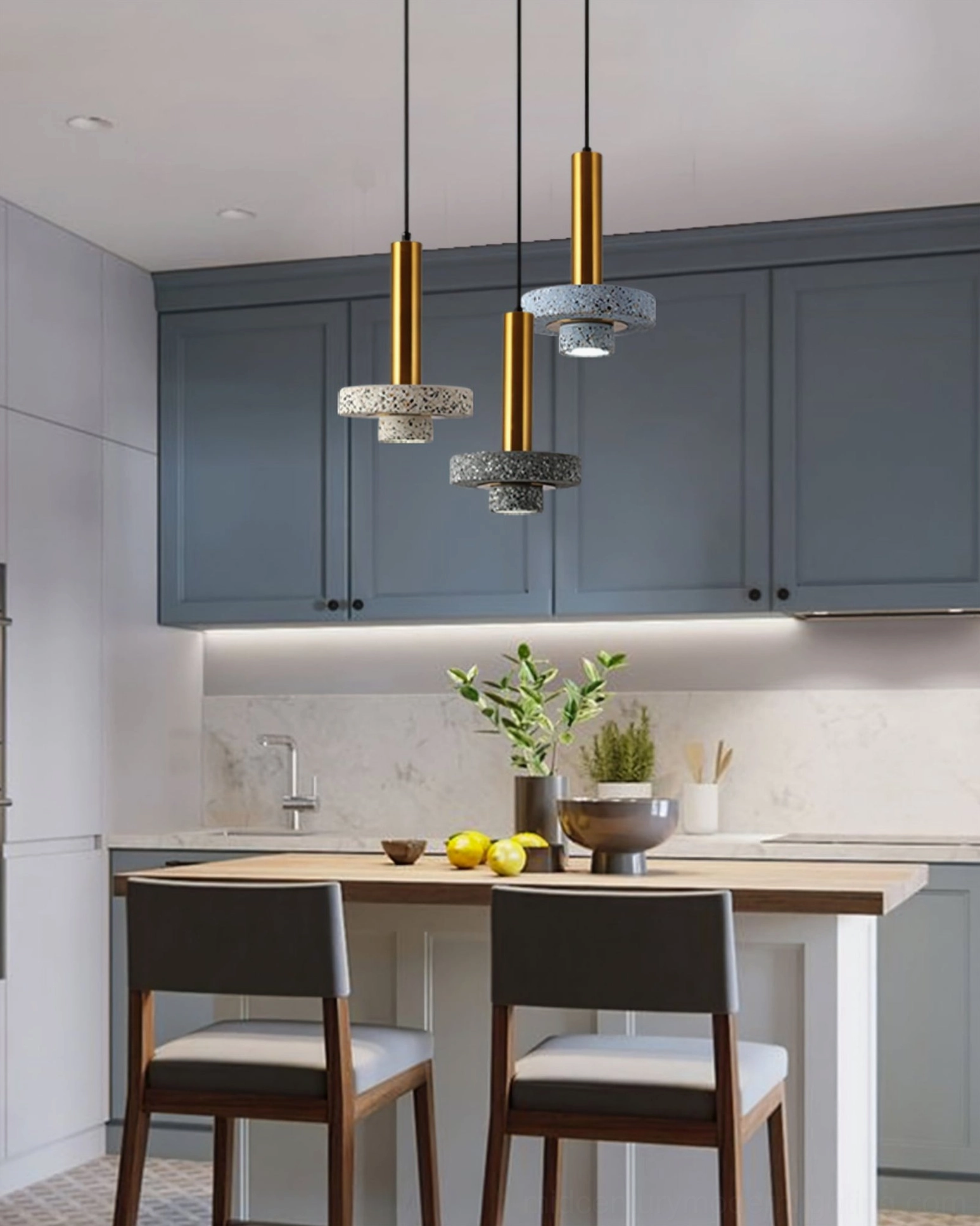 Dark and light grey terrazzo pendant lamps with brass rods in Nordic kitchen bar setting