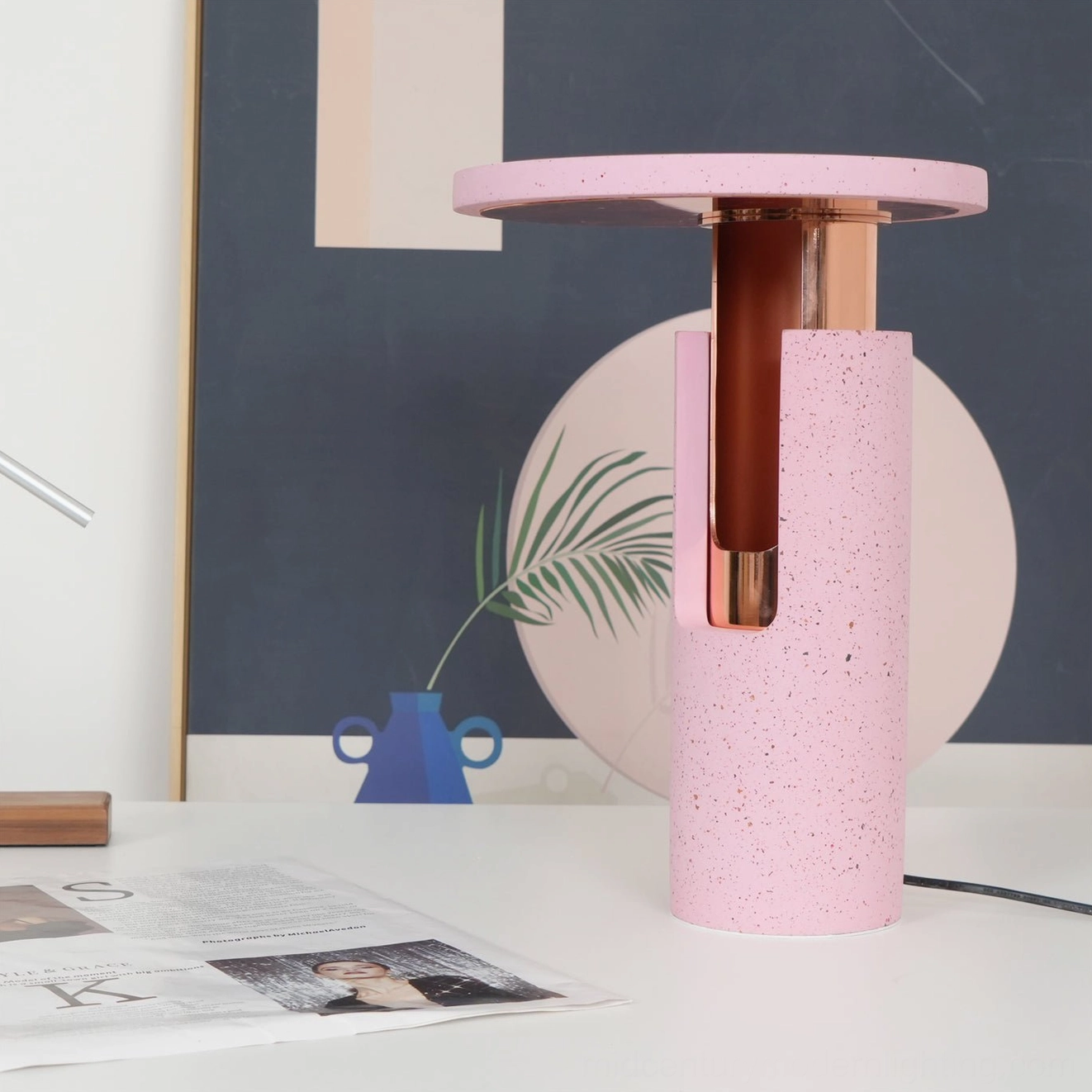 Ambra table lamp rear three-quarter view power cord rose gold hardware minimalist