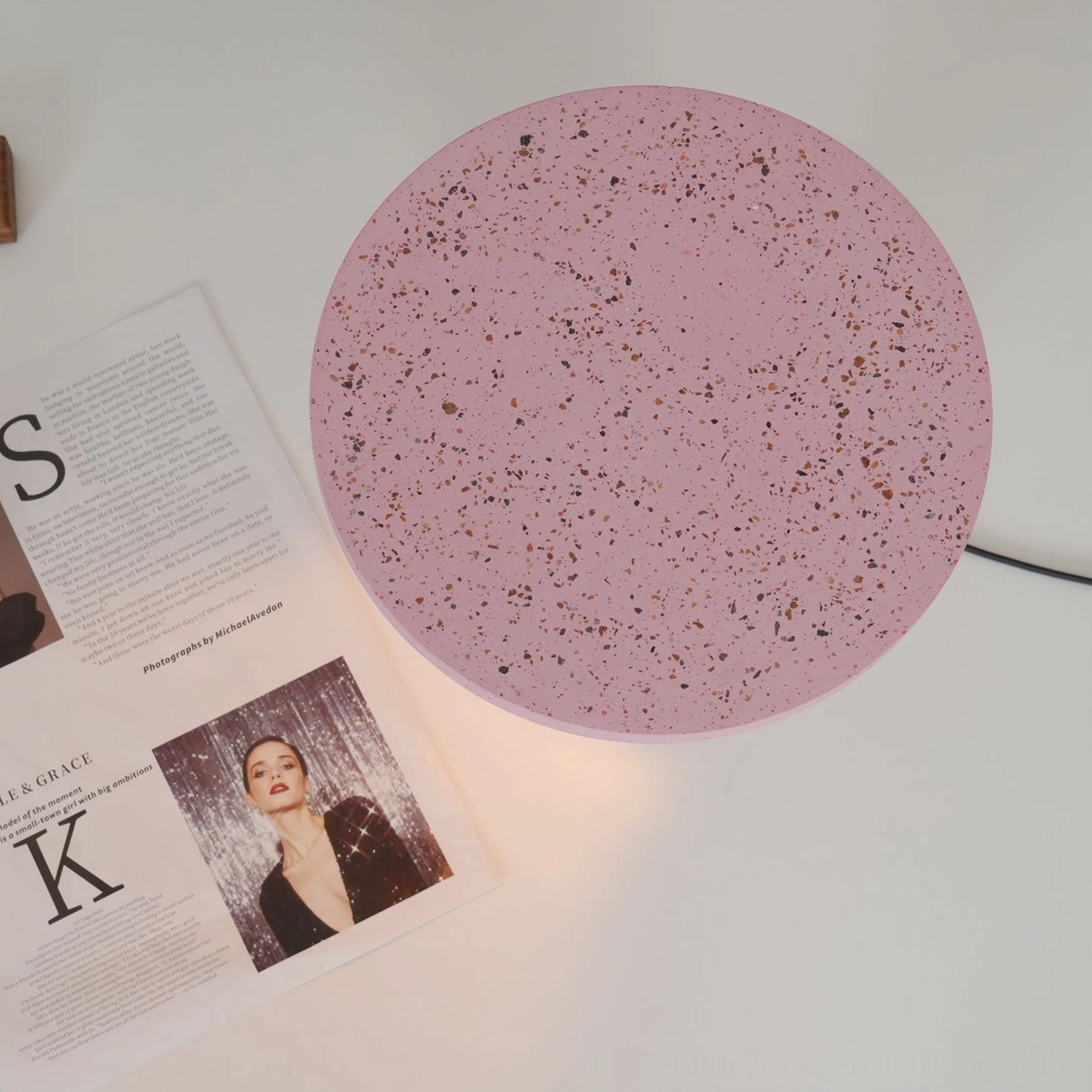 Ambra terrazzo lamp shade top-down flat lay view speckled surface fashion magazine