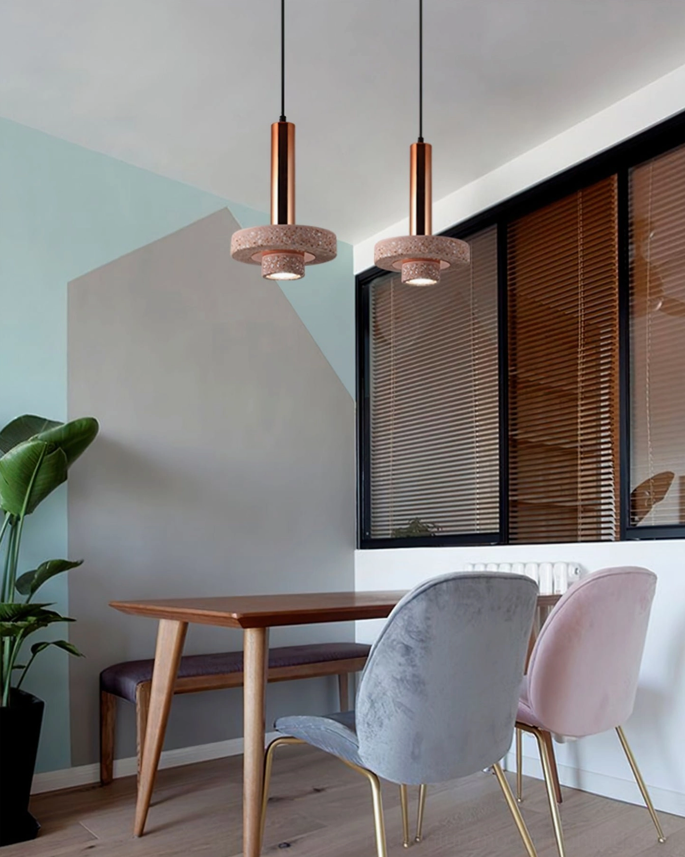 Ambra terrazzo pendant lamp detail showing shade material and metal hardware
