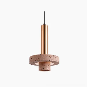 Ambra terrazzo pendant lamp with rose gold metal fixture and pink terrazzo shade, studio lighting