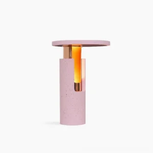Ambra pink terrazzo table lamp with rose gold accents front view minimalist modern design