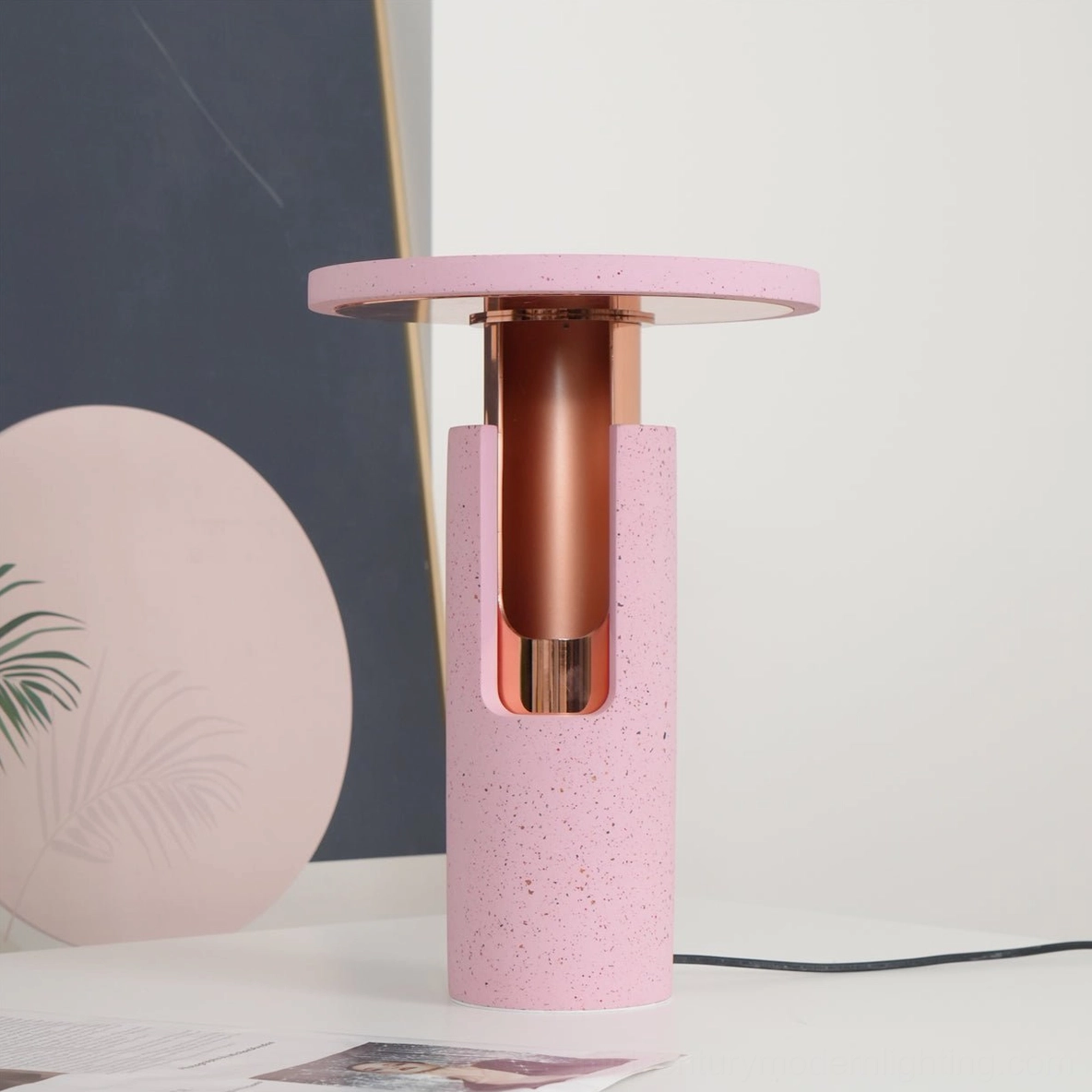 Ambra pink terrazzo lamp close-up detail rose gold column speckled texture