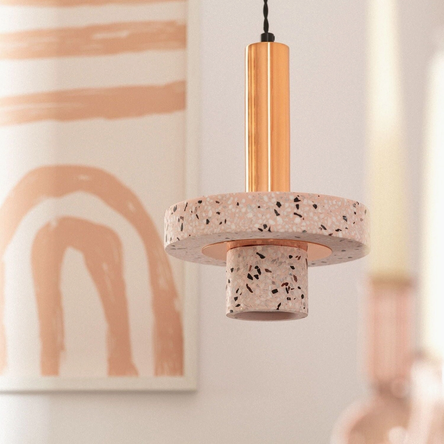 Single Ambra terrazzo pendant light fixture front view showcase
