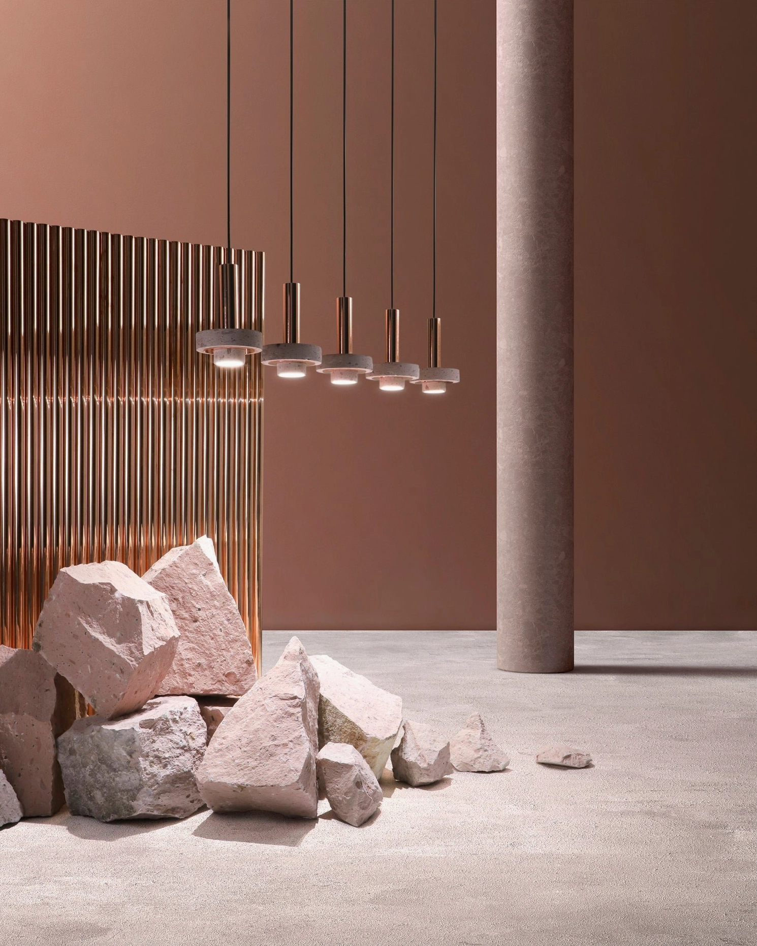Linear arrangement of terrazzo pendant lights with uniform shades in warm color minimalist interior